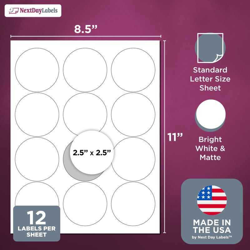 NextDayLabels 2.5 Inch Round Circle Stickers White Blank Labels for Laser Inkjet Printer - 12 Per Sheet Self-Adhesive Product Packaging Logo Made in USA - 300 Labels - Image 2